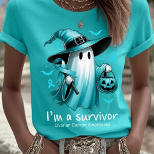 Women's Ovarian Cancer I'm A Survivor T-Shirt Ribbon Halloween Ghost Clothes Gifts - Gypsysystersgift