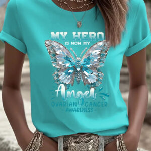 Women's Ovarian Cancer My Hero Is Now My T-Shirt Ovarian Fighter Clothes Gift For Her - Gypsysystersgift
