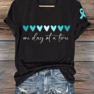 Women's Ovarian Cancer One Day At A Time V-Neck Shirt Cancer Warrior Clothes Gift Ideas - Gypsysystersgift