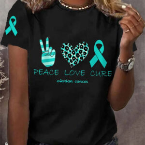 Women's Ovarian Cancer Peace Love Cure T-Shirt Ribbon Awareness Clothes Gift For Bestie - Gypsysystersgift