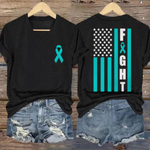 Women's Ovarian Cancer V-Neck Shirt Ovarian Cancer Survivor Clothing Gift For Her - Gypsysystersgift